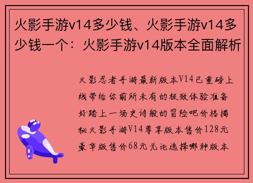 火影手游v14多少钱、火影手游v14多少钱一个：火影手游v14版本全面解析，价格及内容详解